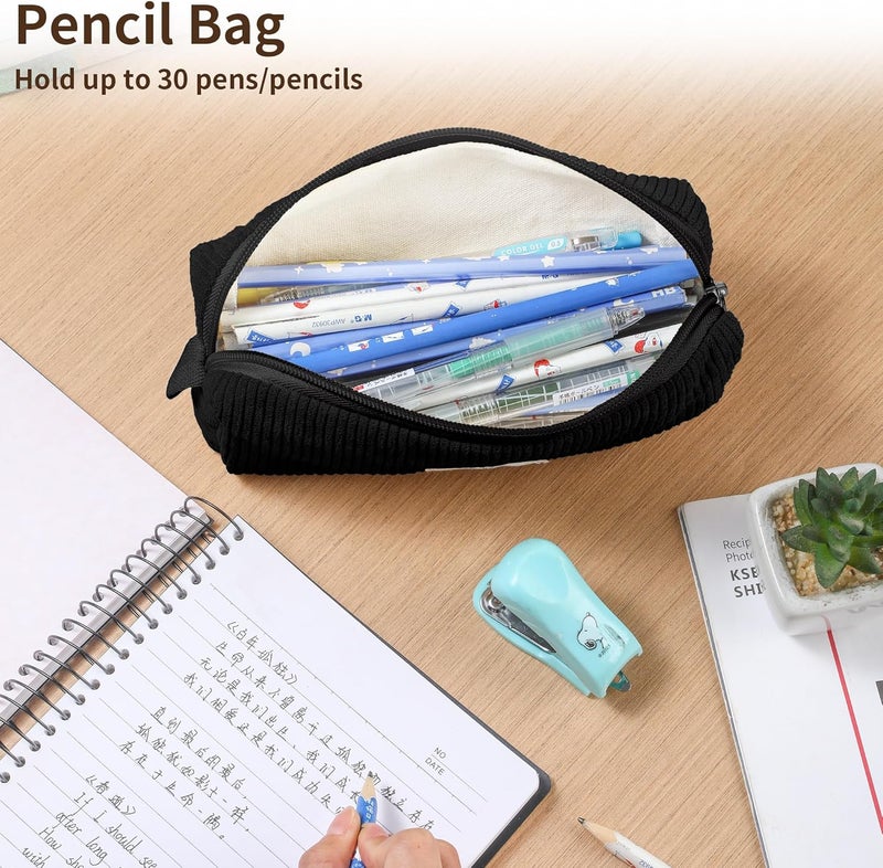 Purbert Pencil Bag Pen Case, Soft Corduroy Small Pencil Pouch Organizer with Zipper, Cute Pencil Case Pouch Stationery for Girls and Boys – Black - Image 5